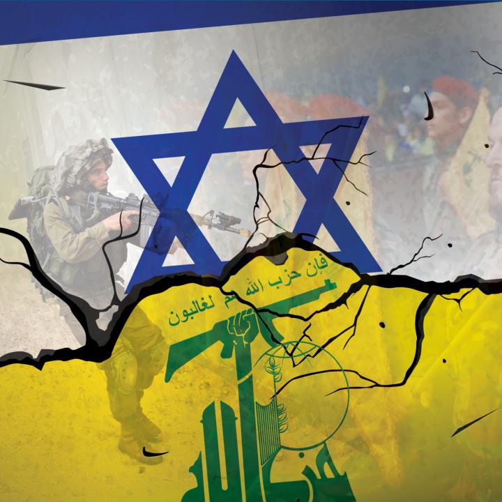 Israeli flag, Hezbollah flag, implied Lebanon border