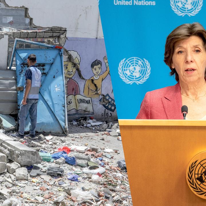 UNRWA workers at Nuseirat camp, Gaza, after Israeli strike (left); French diplomat Catherine Colonna (right)