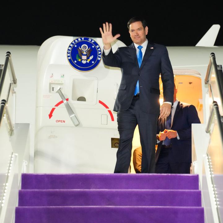 U.S. Secretary of State Marco Rubio waves from the steps of his official plan in Riyadh, Saudi Arabia - source: Department of State