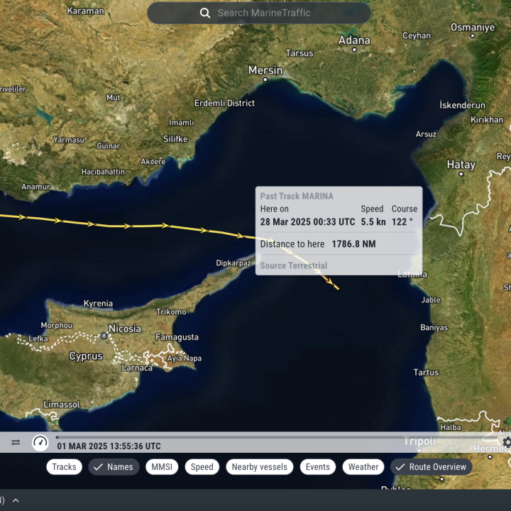 Screenshot from MarineTraffic shows tracks of the Marina between Cyprus and Syria on March 28, 2025.