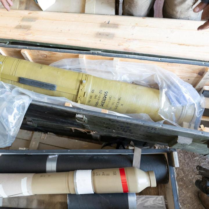 An IDF display of weapons seized from a Hezbollah cache in southern Lebanon - source: Reuters