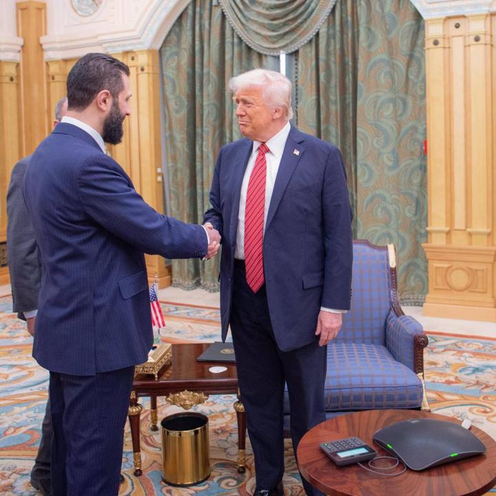 Syria's acting president Sharaa greets U.S. President Trump in Riyadh in May 2025 - source: Reuters