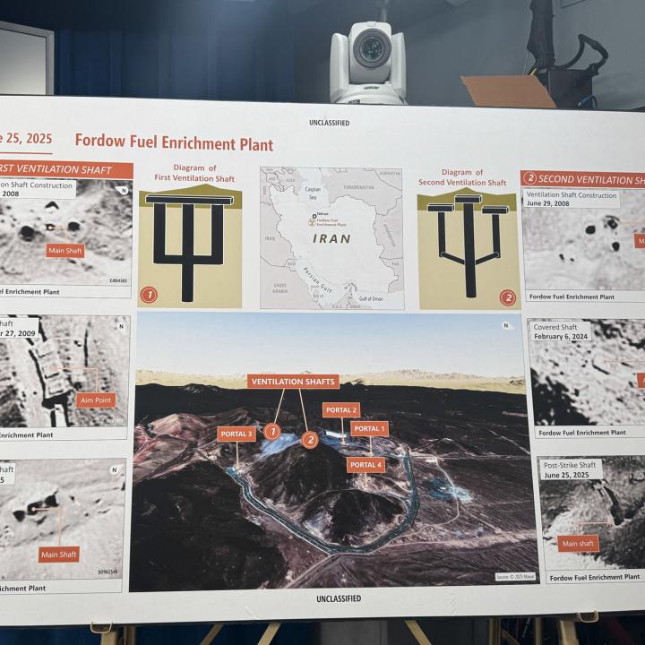 A poster at a Pentagon briefing depicts the U.S. bombing attack on Iran's Fordow uranium enrichment facility in July 2025 - source: Reuters