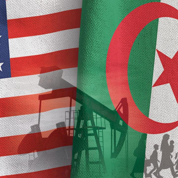 U.S. flag and Algerian flag; silhouettes of oil rig, migrant families
