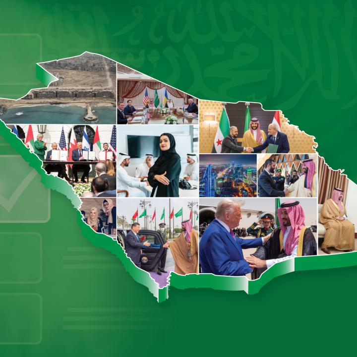 Montage within Saudi Arabia map, including Muhammad bin Salman, Ahmed al-Sharaa, Trump, others.