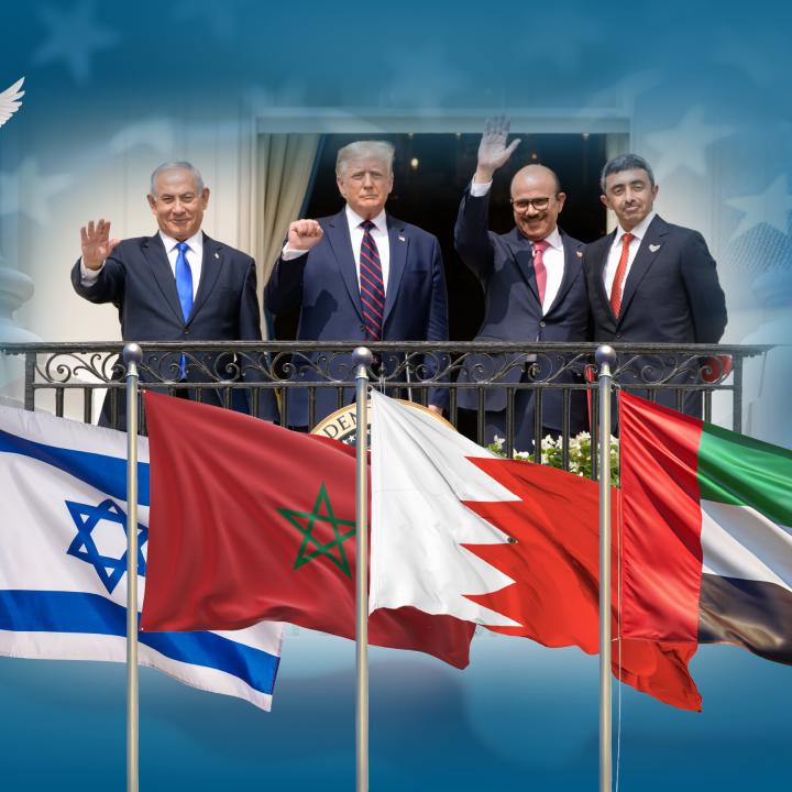 Netanyahu, Trump, and Foreign Ministers Zayani (Bahrain) and Abdullah bin Zayed (UAE) at the Abraham Accords ceremony, Sep 15, 2020.