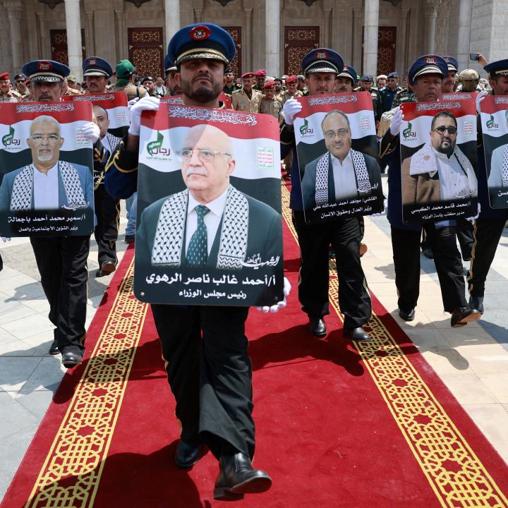 Photo of a Houthi funeral in Yemen following an Israeli strike that killed multiple government officials.