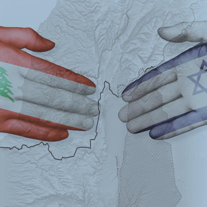 Flags of Israel and Lebanon painted on hands outstretched to each other, overlaying map of Israel-Lebanon border and beyond.