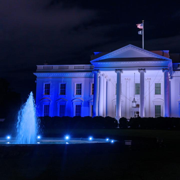 The White House is lit in blue and white, the colors of the Israeli flag, in a display of solidarity following the Hamas terrorist attacks of October 7, 2023 - source: The White House