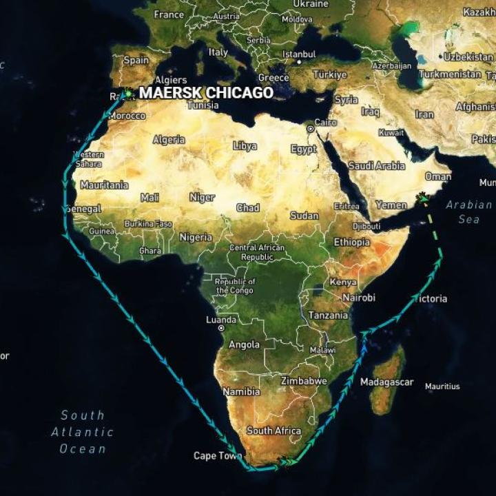 Image showing a route taken by the ship Maersk Chicago.
