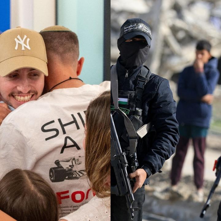 Split screen: (left) Israeli hostage Eitan Abraham Mor after his release by Hamas on October 13, 2025; right: a Hamas militant outside of Gaza City in December.