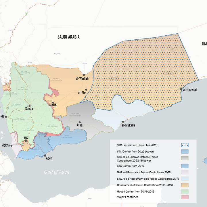 Map showing areas of control in Yemen after the December 2025 offensive by STC-aligned forces.