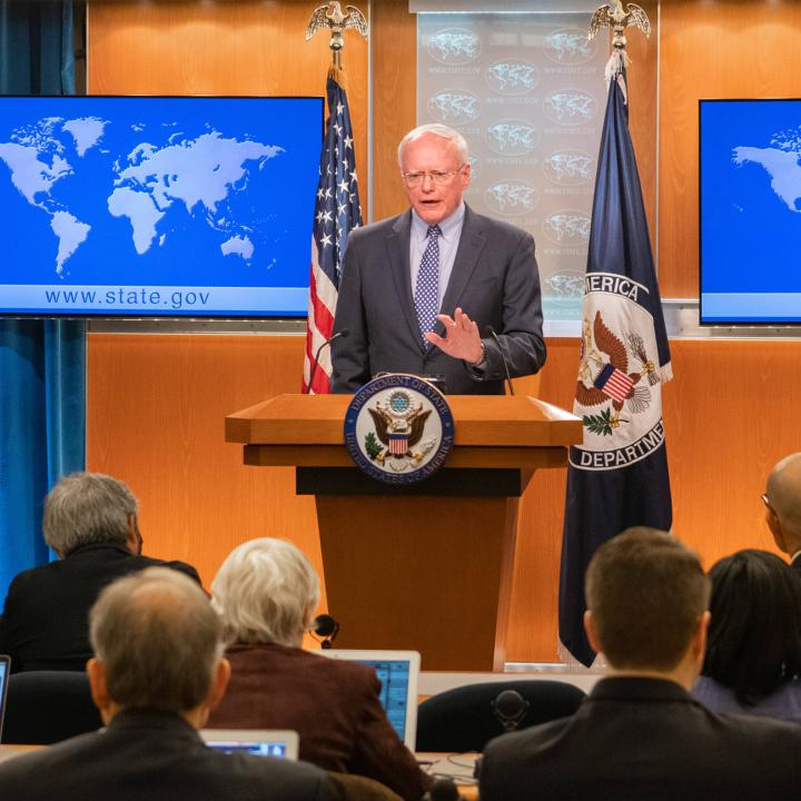 U.S. Syria envoy Ambassador James Jeffrey speaks to reporters at the State Department in Washington, DC, in 2020 - source: Reuters
