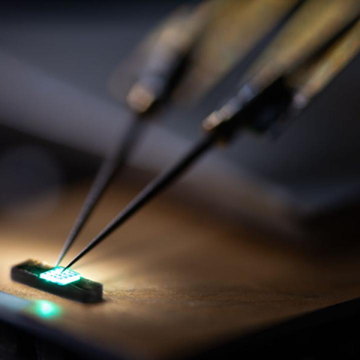 Photo of a probe testing an indium-based quantum sensor.