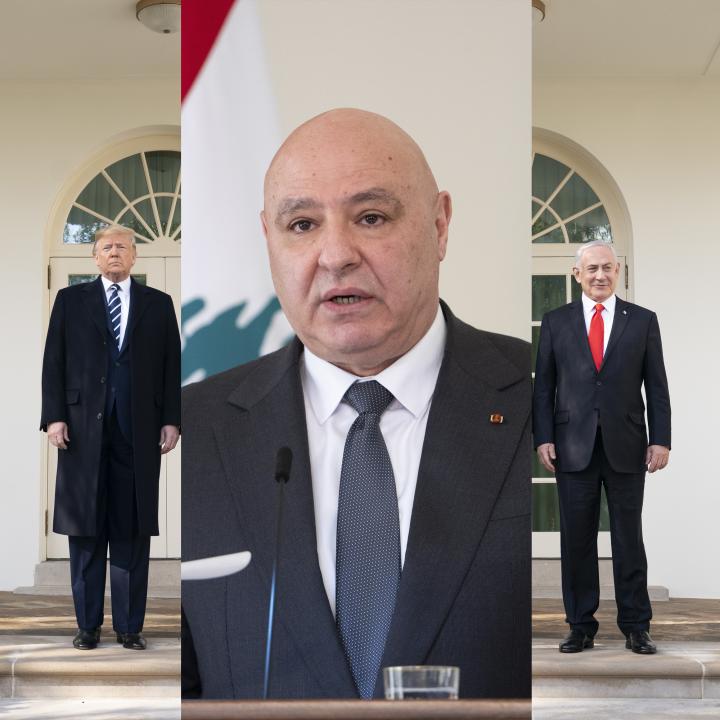 A photo illustration shownig President Donald Trump, Lebanese President Joseph Aoun, and Israeli Prime Minister Binyamin Netanyahu - source: White House, Reuters, illustration by The Washington Institute
