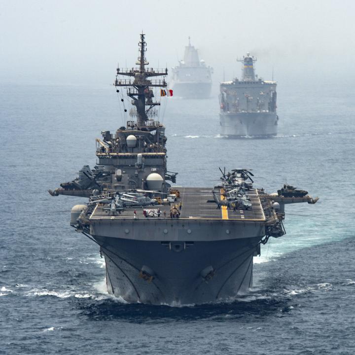 USS Boxer leads U.S. Navy ships transiting the Strait of Hormuz - source: Department of Defense
