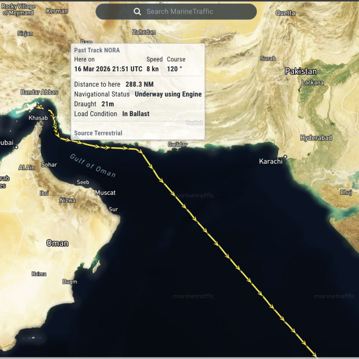 Tracking map for the oil tanker Nora.
