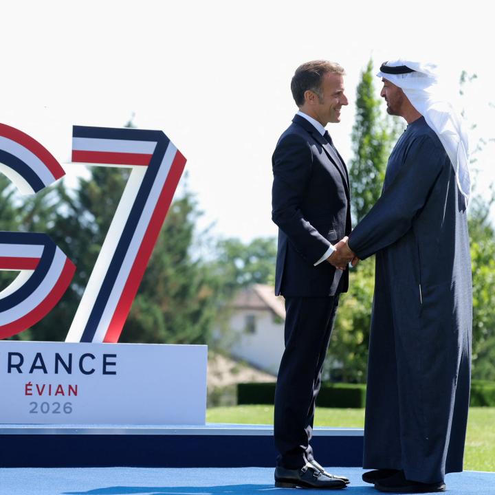 France's President Macron greets the UAE's President Mohamed bin Zayed at the 2026 G-7 summit - source: Reuters