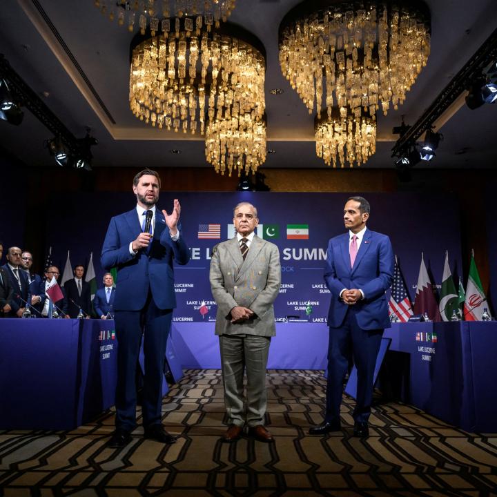 U.S. Vice President JD Vance speaks next to Pakistan's Prime Minister Shehbaz Sharif and Qatar's Prime Minister Sheikh Mohammed bin Abdulrahman bin Jassim Al-Thani at the start of a quadrilateral meeting between the United States, Iran, Pakistan and Qatar at the Burgenstock luxury hotel complex overlooking Lake Lucerne, Switzerland - source: Reuters