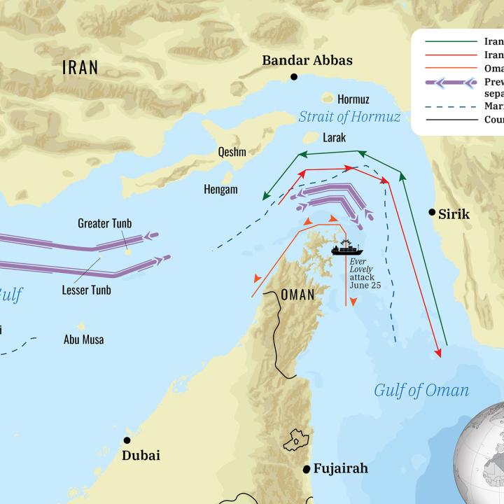 Screenshot of a map showing shipping routes through the Strait of Hormuz.