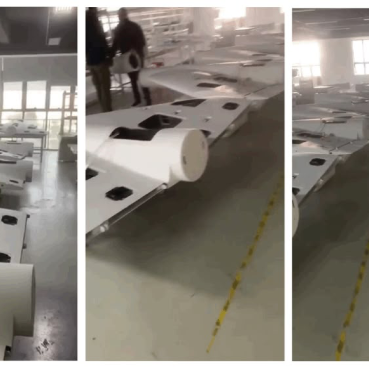 Screen grab showing an Iranian warehouse where Shahed-136 drone airframes are being assembled.