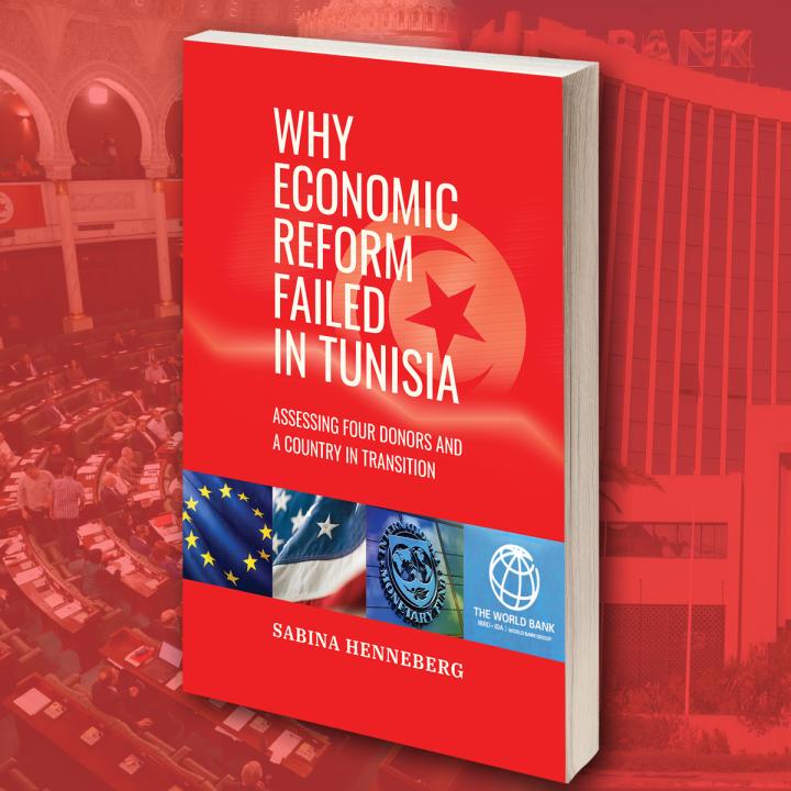 Against parliamentary hall backdrop, book cover includes Tunisian flag imagery at top, EU, USA, IMF, World Bank imagery at bottom. 