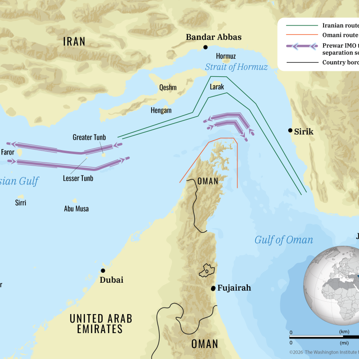 Map showing Iranian, Omani, and international shipping routes in the Strait of Hormuz.