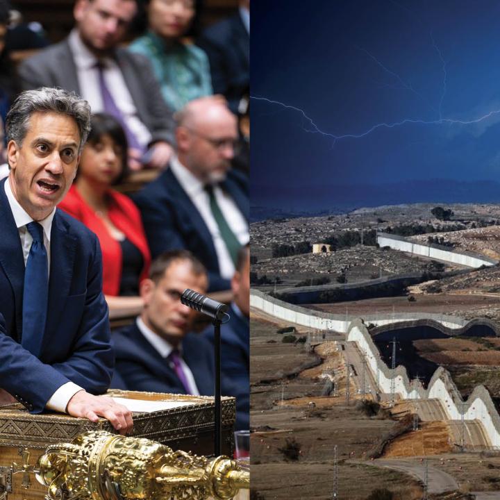 At left, UK Foreign Secretary Ed Miliband addresses Parliament on September 8; at right, a stormy sky looms over the West Bank separation fence.