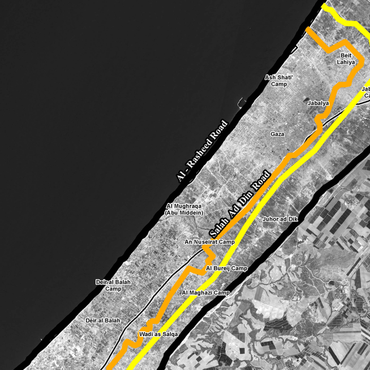 Excerpt of map showing the postwar Orange and Yellow lines in Gaza.