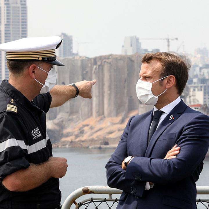 Frech president Emmanuel Macron inspects the site of the Beirut port explosion