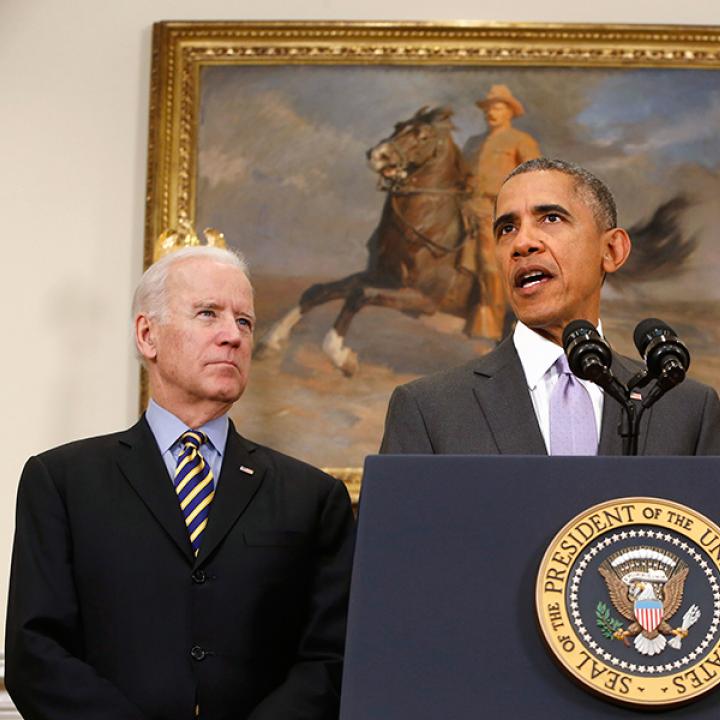 President Barack Obama speaks at the White House alongside Vice President Joe Biden and Secretary of State John Kerry