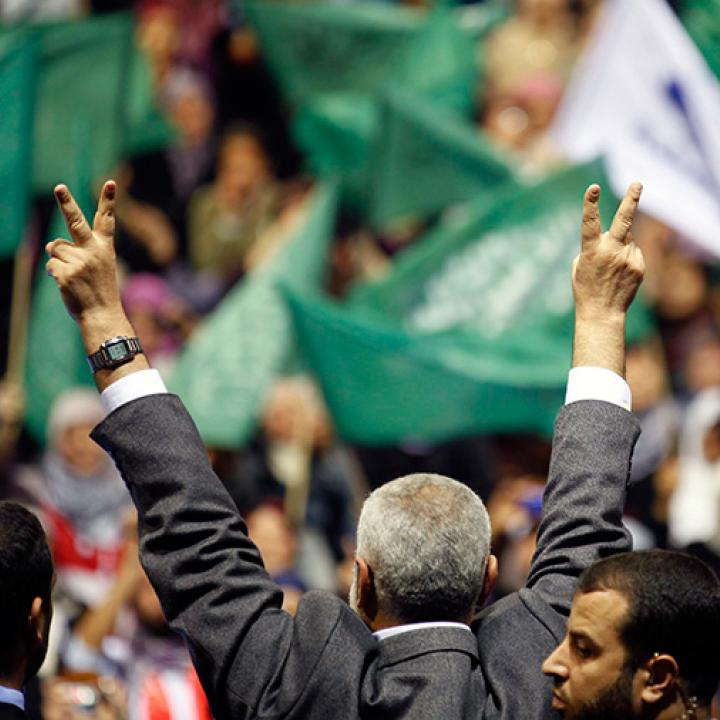 Hamas leader Ismail Haniyeh gestures to supporters