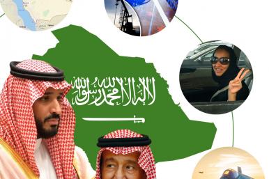 MbS, King Salman, Saudi map, fighter jet
