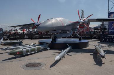 A Turkish Bayraktor UAV on display at an airshow - source: Reuters