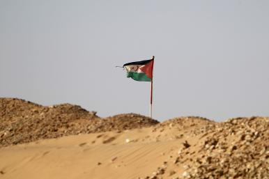 A Western Sahara flag flying in the Sahara - source: Reuters