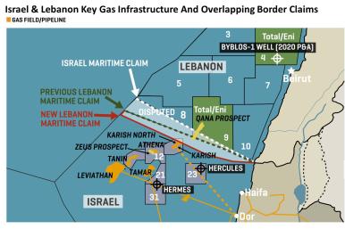 MEES map showing Israeli and Lebanese maritime border claims in the East Mediterranean.