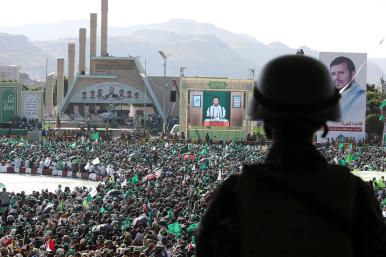 Houthi leader Abdul-Malik Badruddin al-Houthi addresses a rally in Sanaa, Yemen - source: Reuters