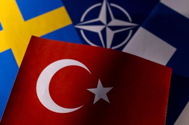 Photo illustration of the flags of Sweden, NATO, Finland, and Turkey - source: Reuters