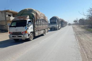 Trucks from the Autonomous Region, NE Syria, deliver aid after 2023 earthquake