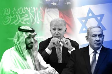 Saudi crown prince Muhammad bin Salman, President Biden, Israeli prime minister Binyamin Netanyahu (with backdrop of national flags)