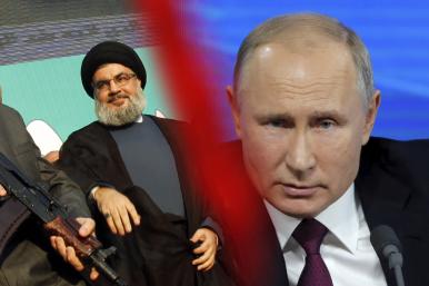 Photo illustration depicting Hezbollah leader Hassan Nasrallah and Russian president Vladimir Putin - Washington Institute illustration, original images from Reuters