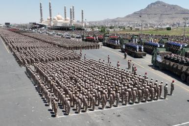 Houthi fighters parade with their missile systems in Sanaa in September 2023 - source: Reuters