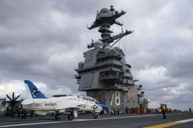 A Marine Corps training jet on board the USS Gerald Ford, CVN-78 - source: Department of Defense