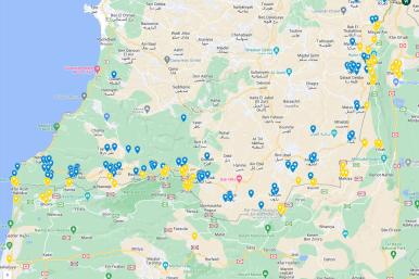 Thumbnail image of Google Map depicting Israeli and Hezbollah strikes across the Israel-Lebanon border since October 7, 2023