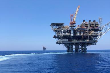 The Mari-B and Tamar gas platforms in the Mediterranean Sea off the coast of Israel - source: The Washington Institute