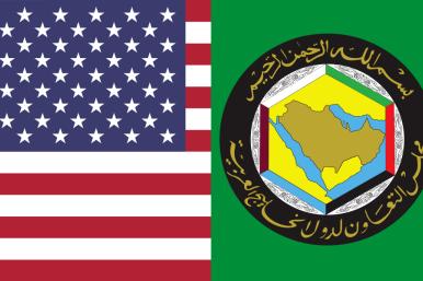 A photo illustration shows flags representing the United States and the Gulf Cooperation Council