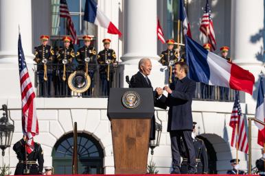 U.S. President Joe Biden greets French President Emmanuel Macron at the White House in December, 2022 - source: White House