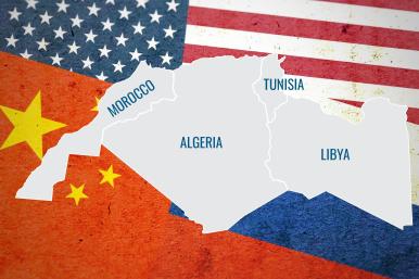 Map of North Africa framed by U.S., Chinese, and Russian flags