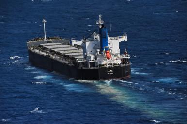Marshall Islands–flagged bulk carrier Laax (IMO 9512355), which was attacked in the southern Red Sea on May 28, 2024. photo obtained via the X/Twitter account of French forces stationed in the UAE and deployed in the Indian Ocean, https://x.com/FFEAU_ALINDIEN/status/1795837694960189920.