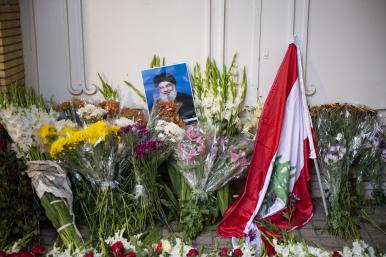 Flowers and a portrait of Hassan Nasrallah at a memorial to the slain Hezbollah leader in Beirut - source: Reuters